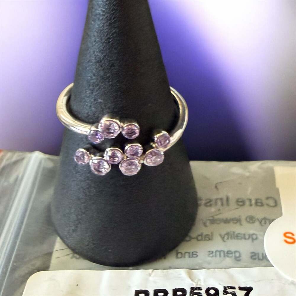 Bomb Party Swirling Stars Above Violet Cubic Zirconia Rhodium Plated Ring Size 6